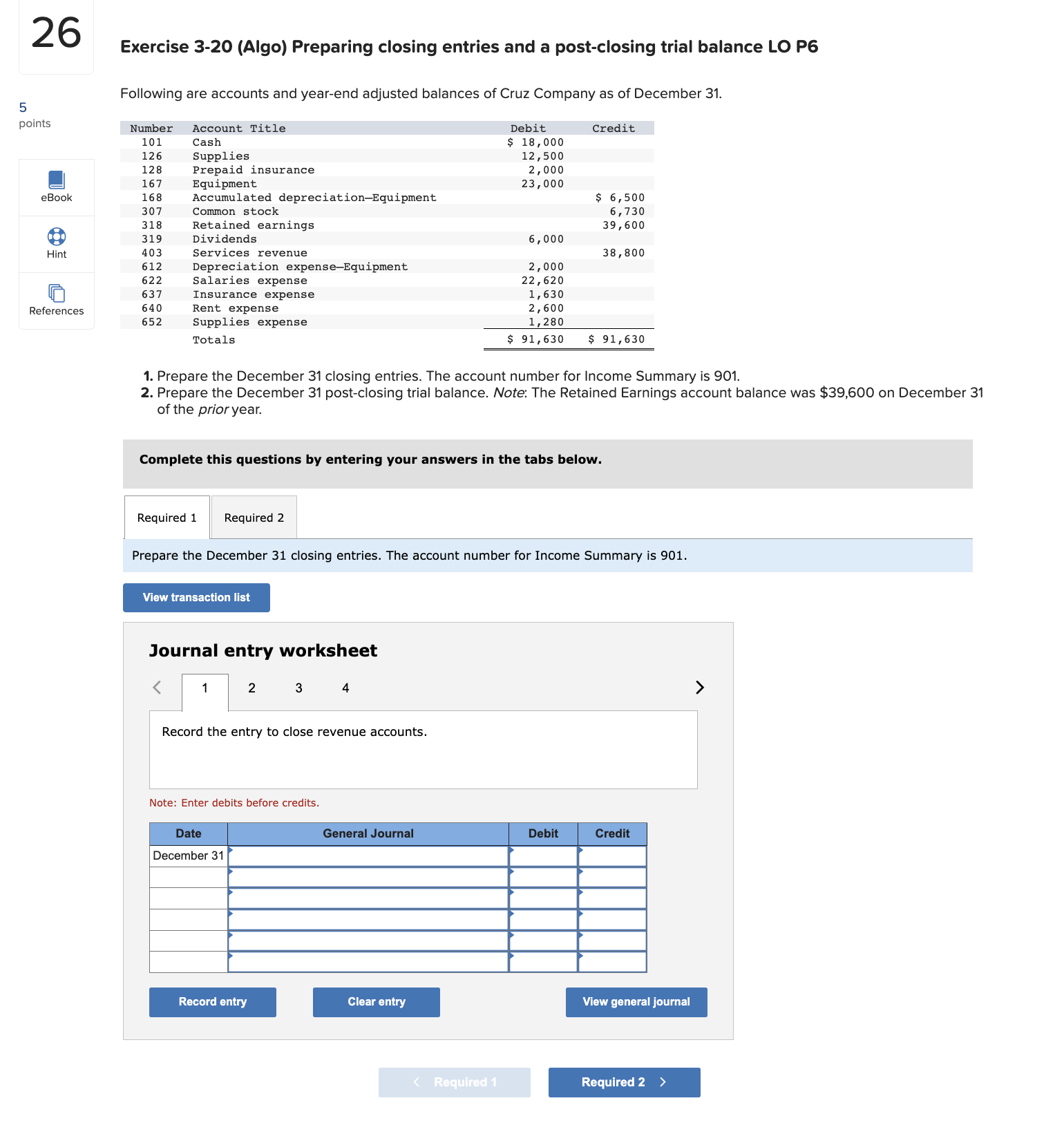  Exercise 3-20 (Algo) Preparing closing entries and a post-closing trial balance