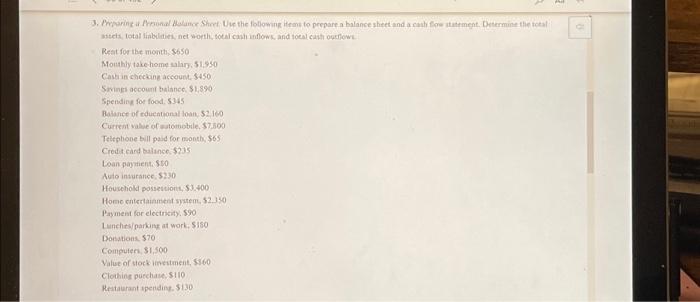  3. Preparing a Personal Balance Sheet. Use the following items to