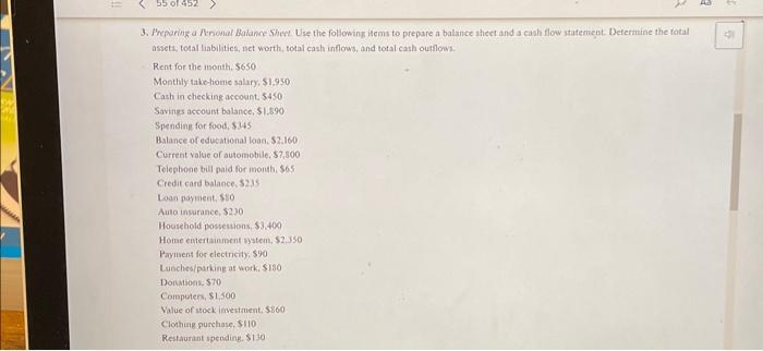 prepare a balance sheet and a cash flow statement. Determine the total