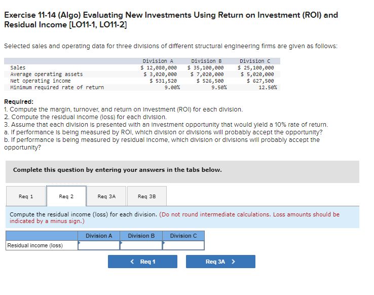  Exercise 11-14(Algo) Evaluating New Investments Using Return on Investment (ROI) and