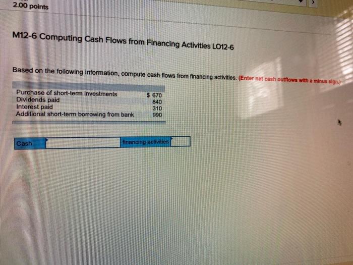 pretty stuck 2.00 points M12-6 Computing Cash Flows from Financing Activities L012-6