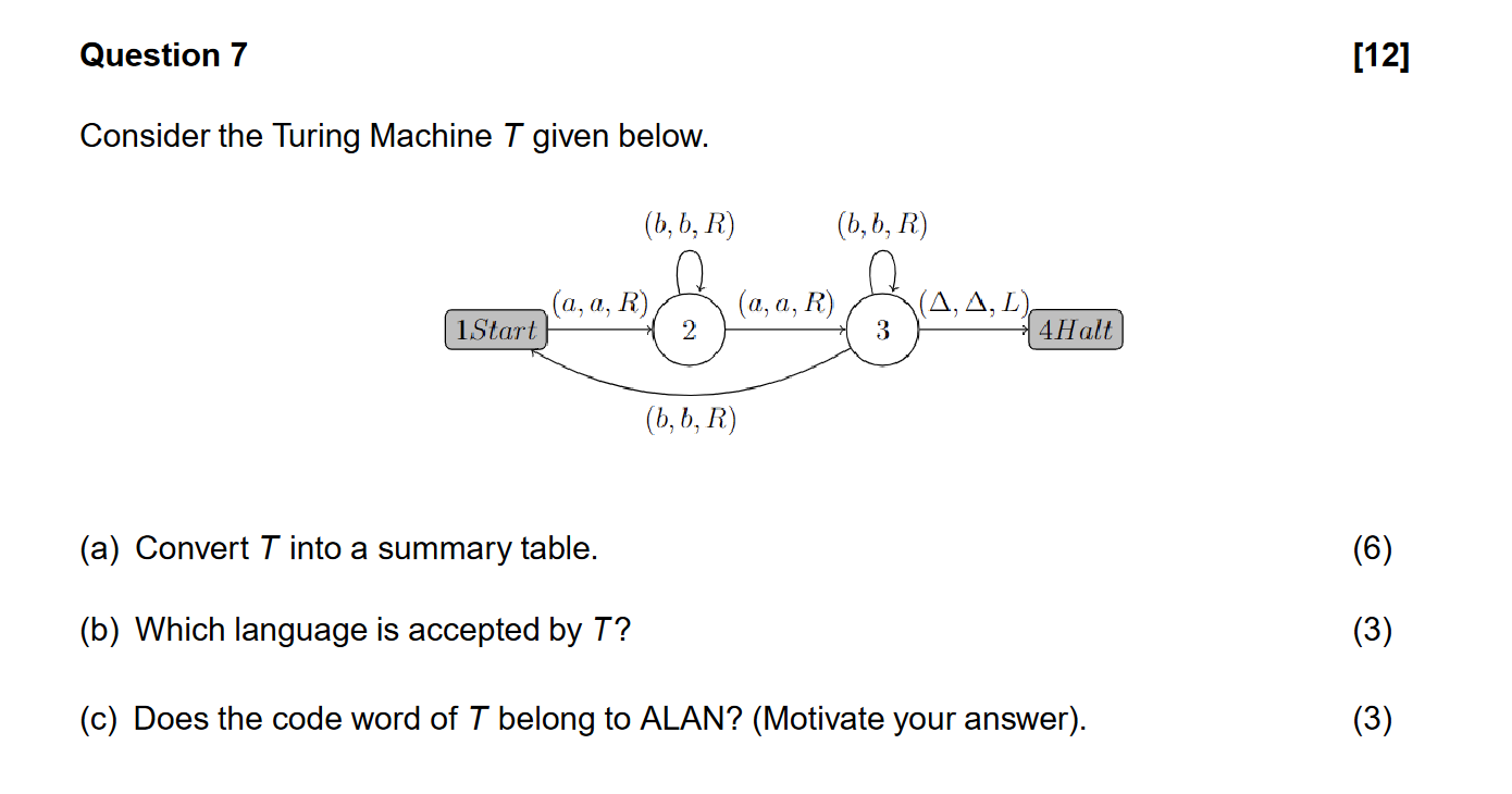  Consider the Turing Machine T given below. (a) Convert T into