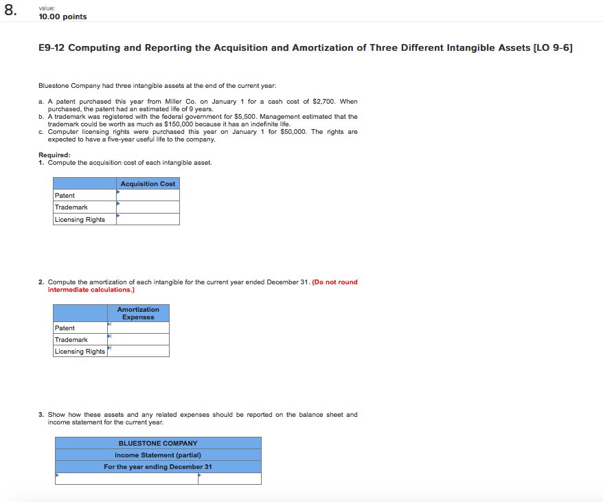  8. value: 10.00 points E9-12 Computing and Reporting the Acquisition and
