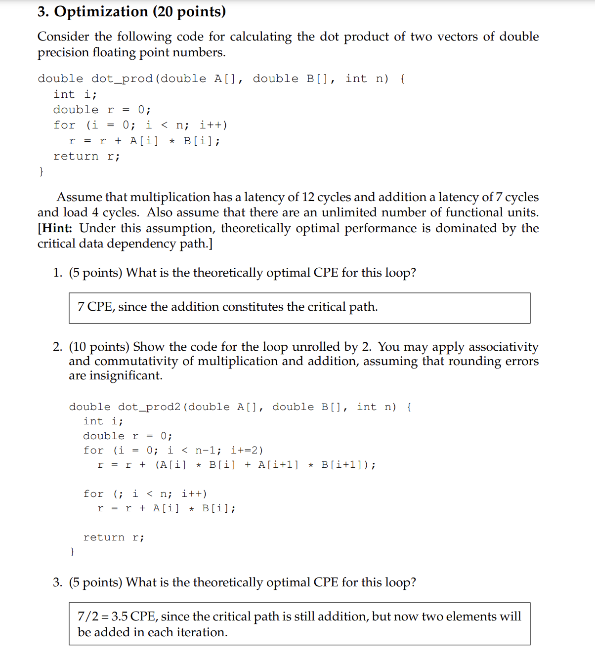  Optimization (20 points) Consider the following code for calculating the dot