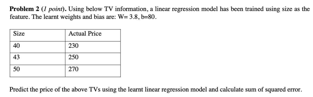 LINEAR REGRESSION MODEL / WEIGHT / BIAS Problem 2 (1 point).