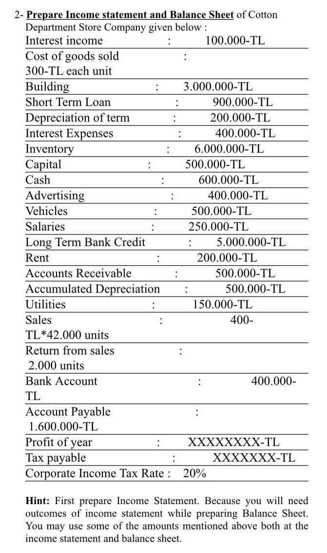 .. .. .. .. 2- Prepare Income statement and Balance Sheet