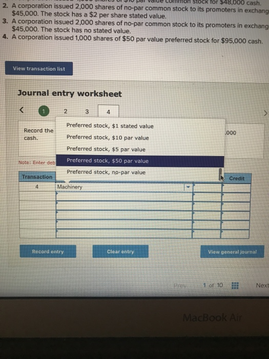 shares of $50 par value preferred stock for $95,000 cash. Journal entry