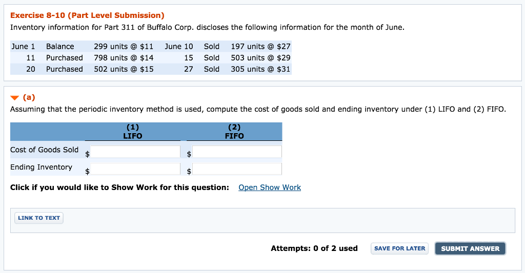 i need help solving this problem please!! Exercise 8-10 (Part Level Submission)