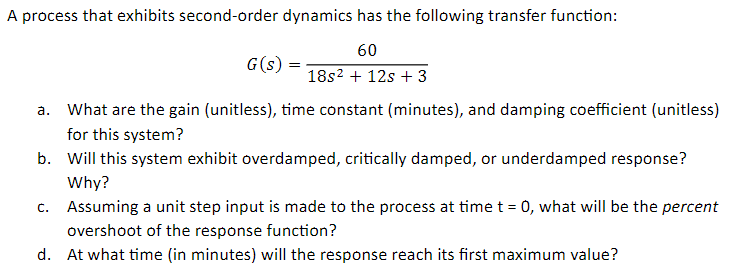  A process that exhibits second-order dynamics has the following transfer function: