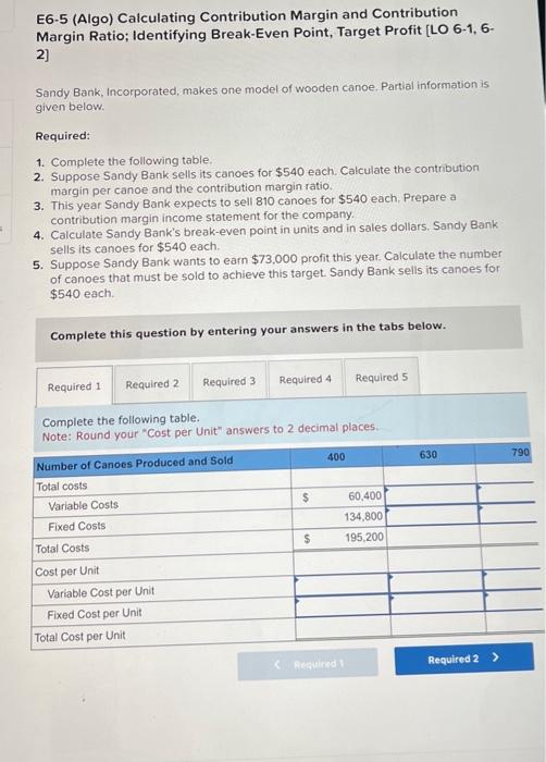  E6-5 (Algo) Calculating Contribution Margin and Contribution Margin Ratio; Identifying Break-Even