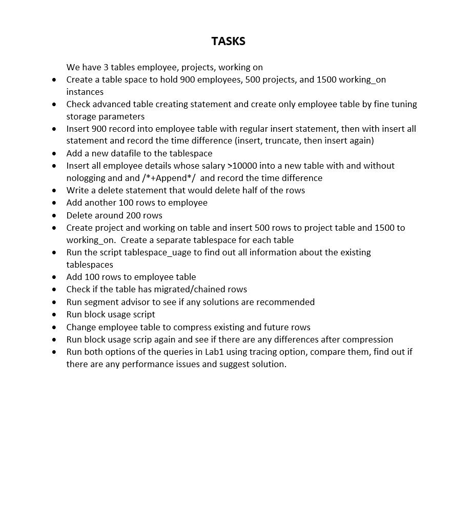 We have 3 tables employee, projects, working on - Create a