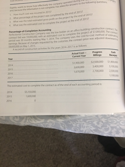 calculate the gross profit for the years 2014-2016 under the percentage-of-completion method