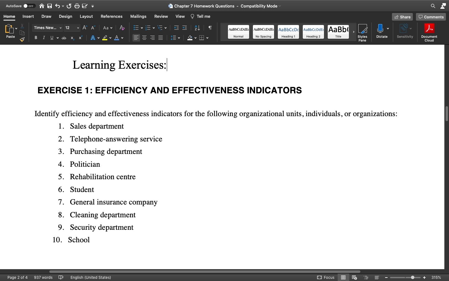 AutoSave OFF o svu Chapter 7 Homework Questions - Compatibility Mode