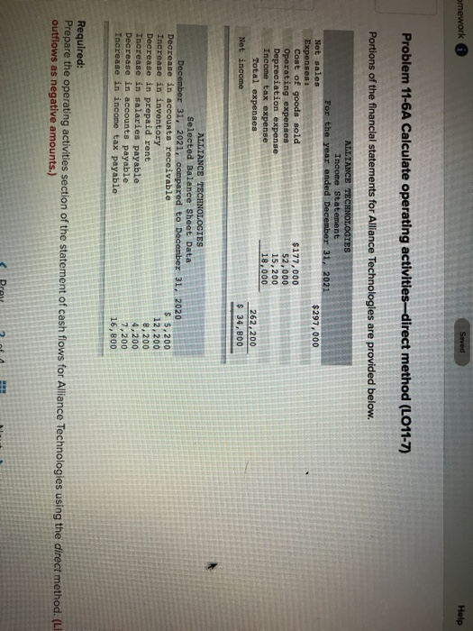  Help Problem 11-6A Calculate operating activities direct method (LO11-7) Portions of