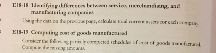  E18-18 Identifying differences between service, merchandising, and manufacturing companies Using the
