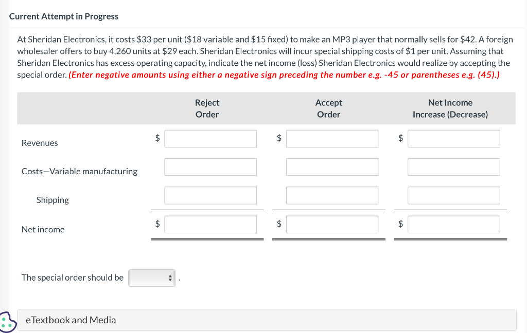 Please solve. At Sheridan Electronics, it costs $33 per unit ( $18