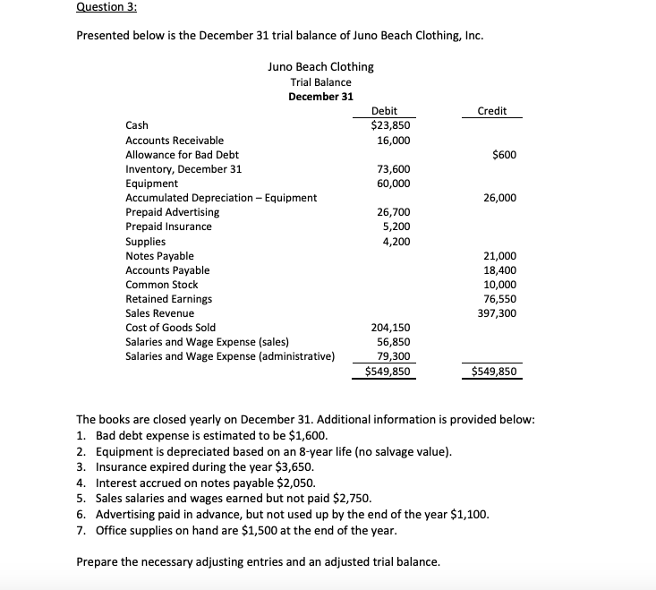  Question 3: Presented below is the December 31 trial balance of