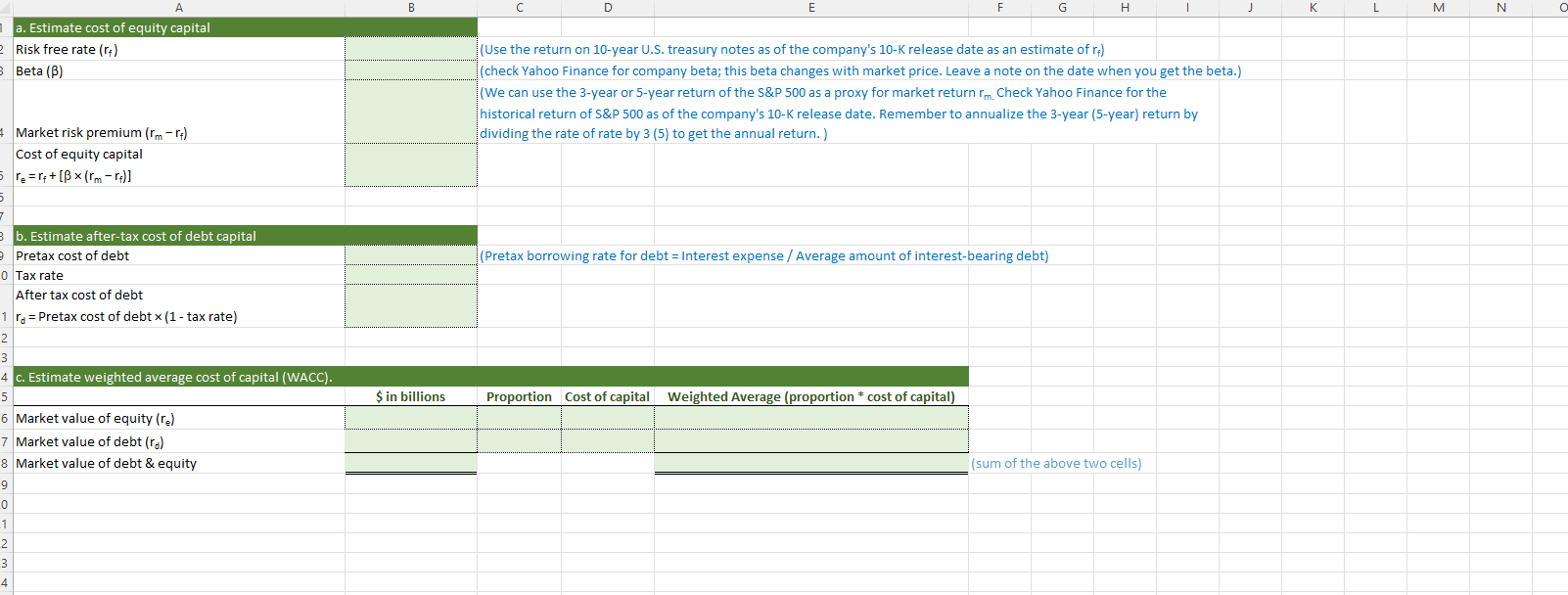  Using Targets 202310K Please help a. Estimate cost of equity capital