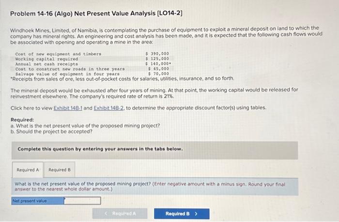  Problem 14-16 (Algo) Net Present Value Analysis [LO14-2] Windhoek Mines, Limited,