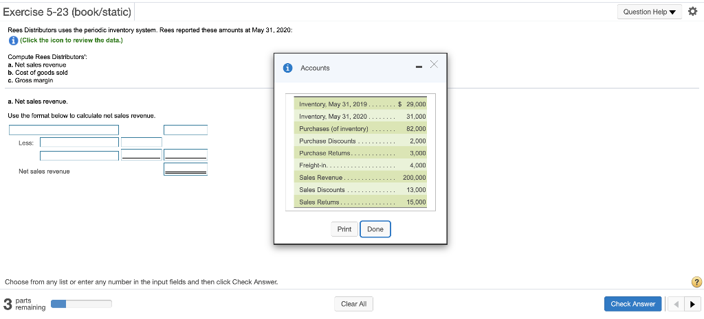 Exercise 5-23 (book/static) Question Help Rees Distributors uses the periodic inventory