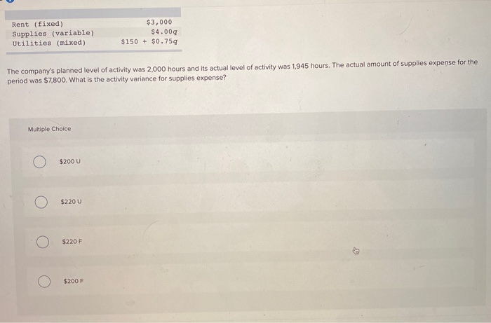  Rent (fixed) Supplies (variable) Utilities (mixed) $3,000 $4.000 $150 + $0.759
