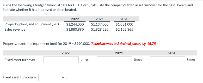  Using the following a bridged financial data for CCC Corp., calculate