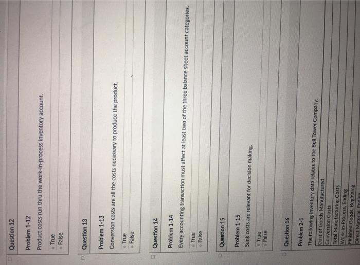  Question 12 Problem 1-12 Product costs run thru the work-in-process inventory