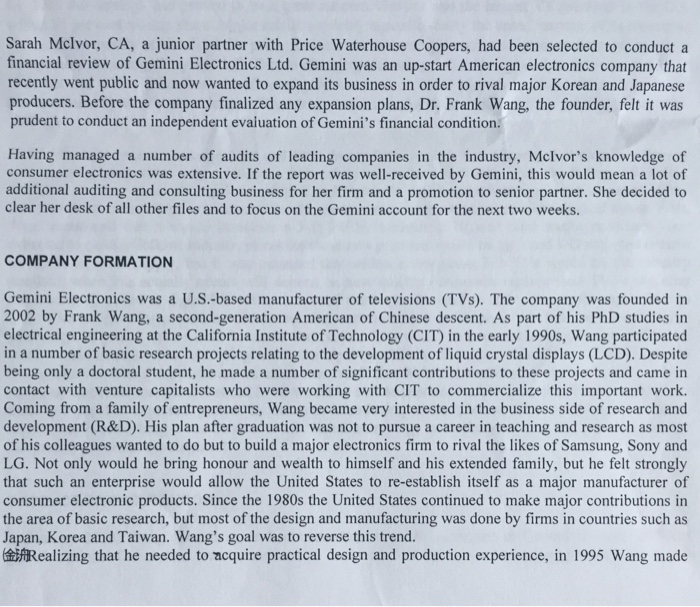 Gemini electronics case: Questions to be solved: 1- Assuming the role of