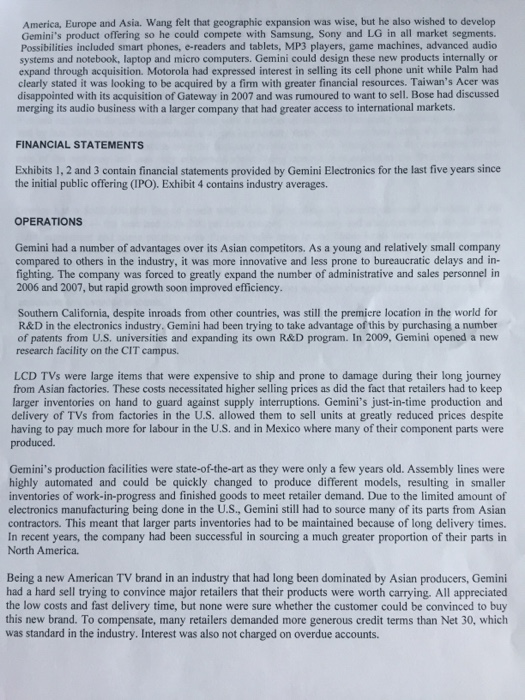 conditions of Gemini Electronics and makes recommendations relating to the companys desired
