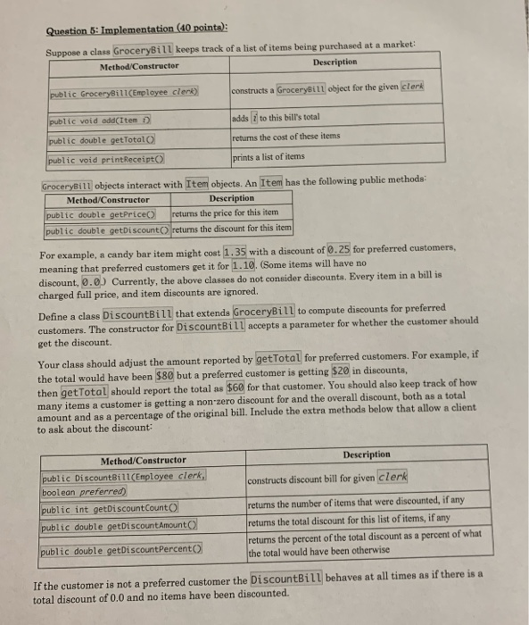 This is Java Programing Question 5: Implementation (40 pointa): Suppose a class
