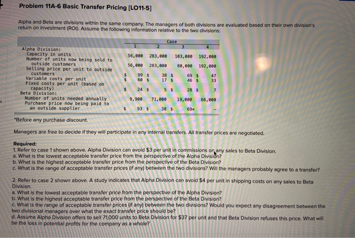  please show detail. thank you Problem 11A-6 Basic Transfer Pricing [LO11-5]