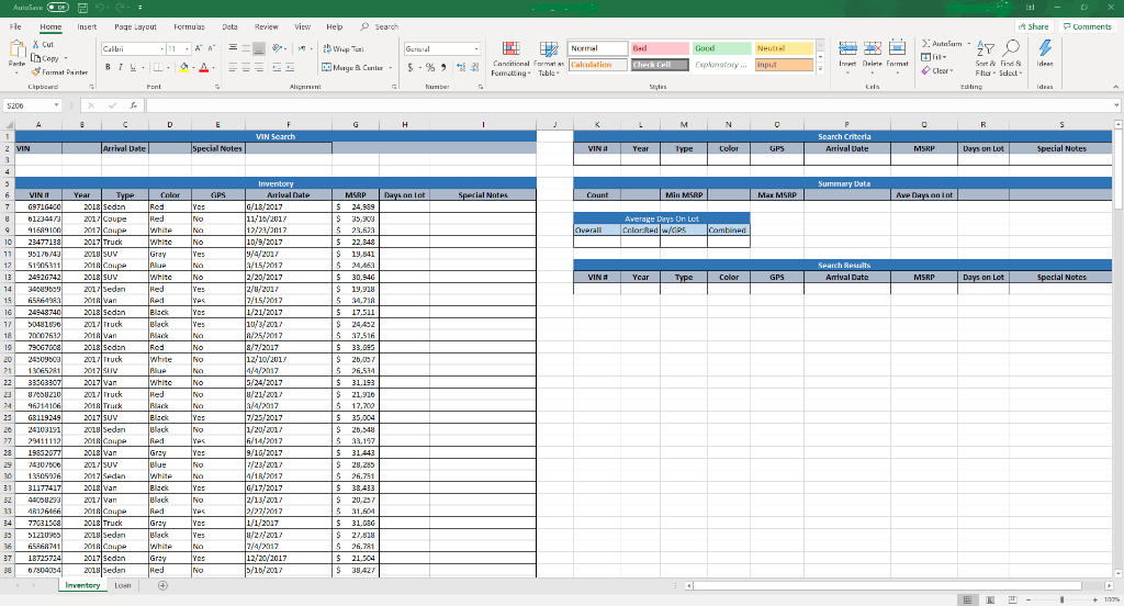 Car Inventory You have been tasked with creating an Excel workbook that