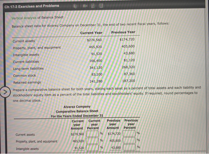  vertical analysis Ch 17-3 Exercises and Problems Vertical Analysis of Balance