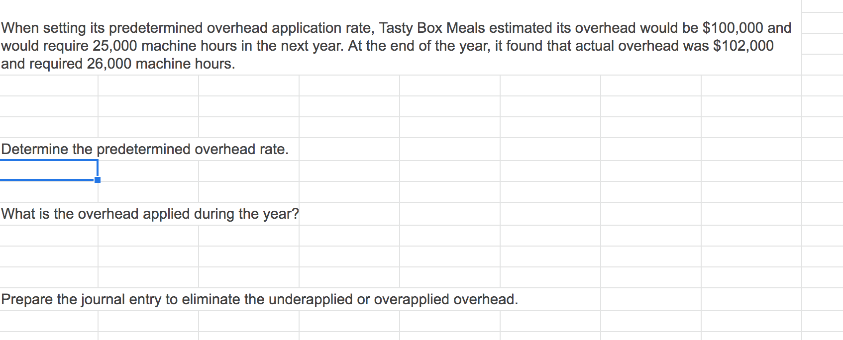 When setting its predetermined overhead application rate, Tasty Box Meals estimated