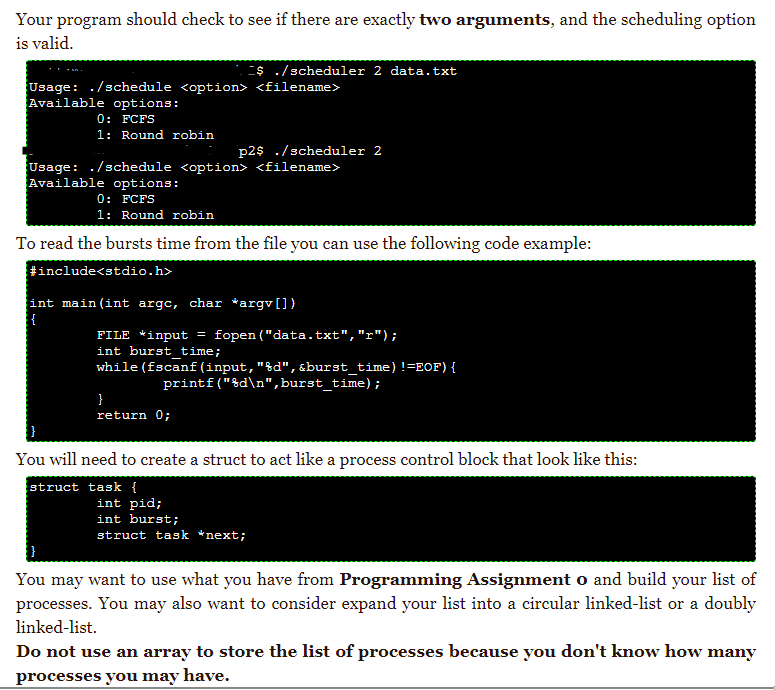 a list of processes' burst time from a file and determine the