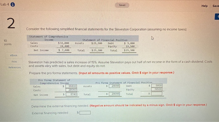  Lab 4 Saved Help Save 2 Consider the following simplified financial