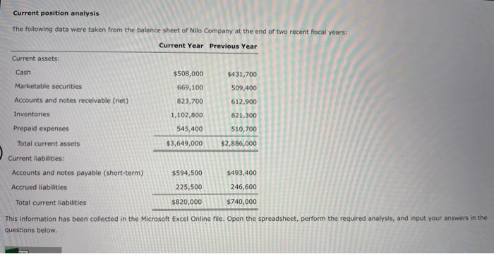 please help, Current position analysis The following data were taken from the