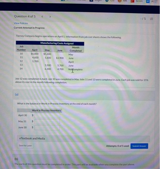  a bcom WP ACCT Question 4 of 5 > -/55 View