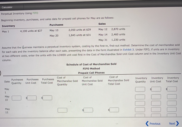  Calculator May 12 Perpetual Inventory Using FIFO Beginning inventory, purchases, and