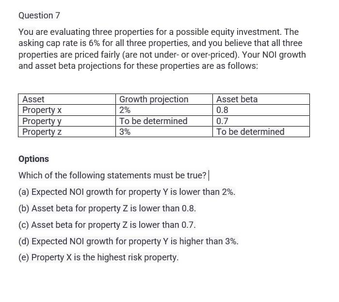 Question 7 You are evaluating three properties for a possible equity