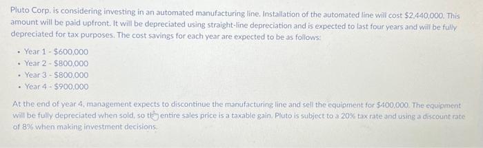 upfront. It will be depreciated using straight-line depreciation and is expected to