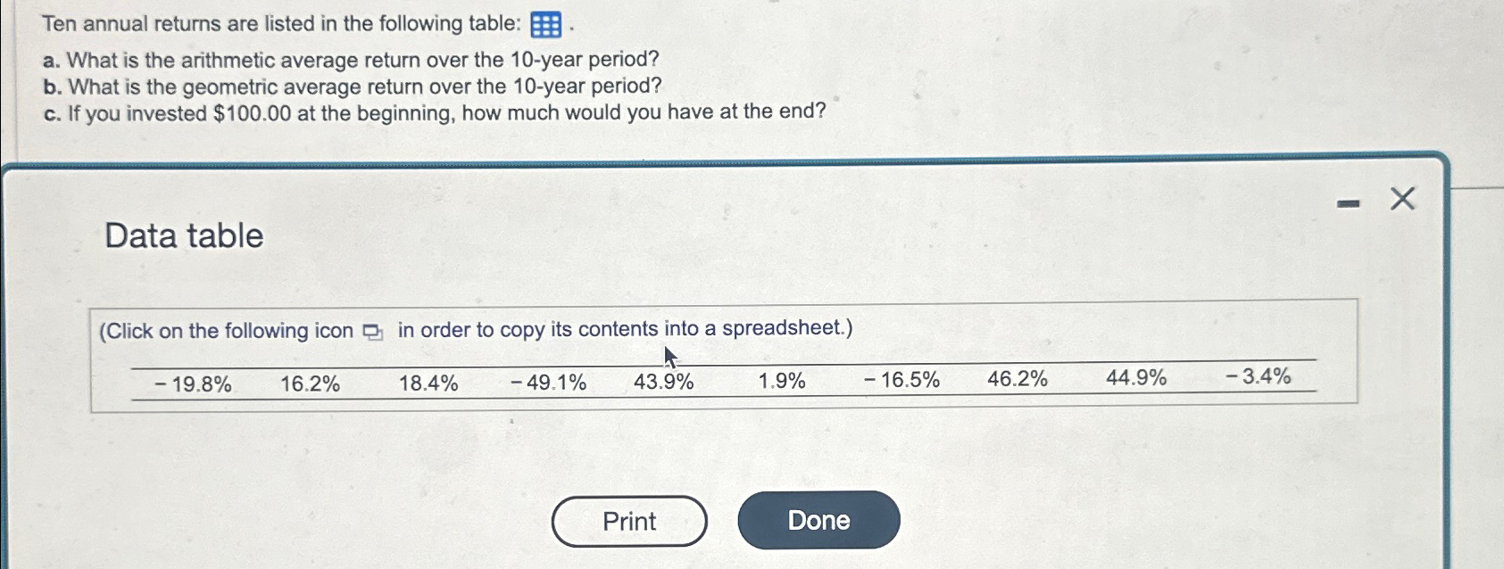  COMPLETE A-C. Round 2 decunal places! Ten annual returns are listed