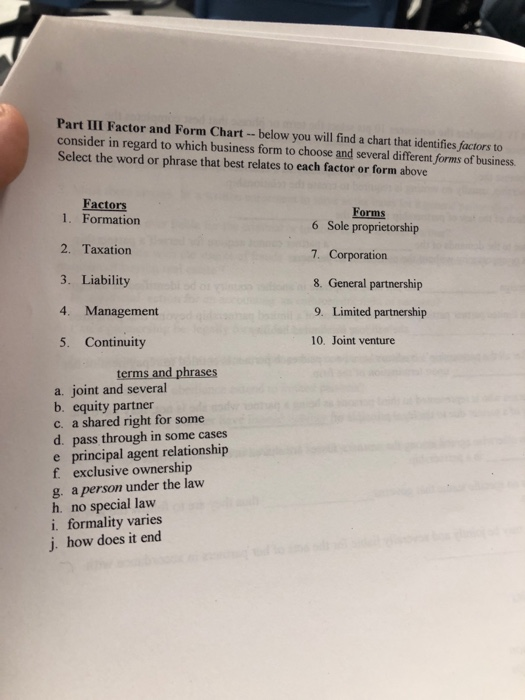  answer please Part III Factor and Form Chart-below you will find