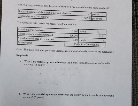The following standards have been established for a raw material used