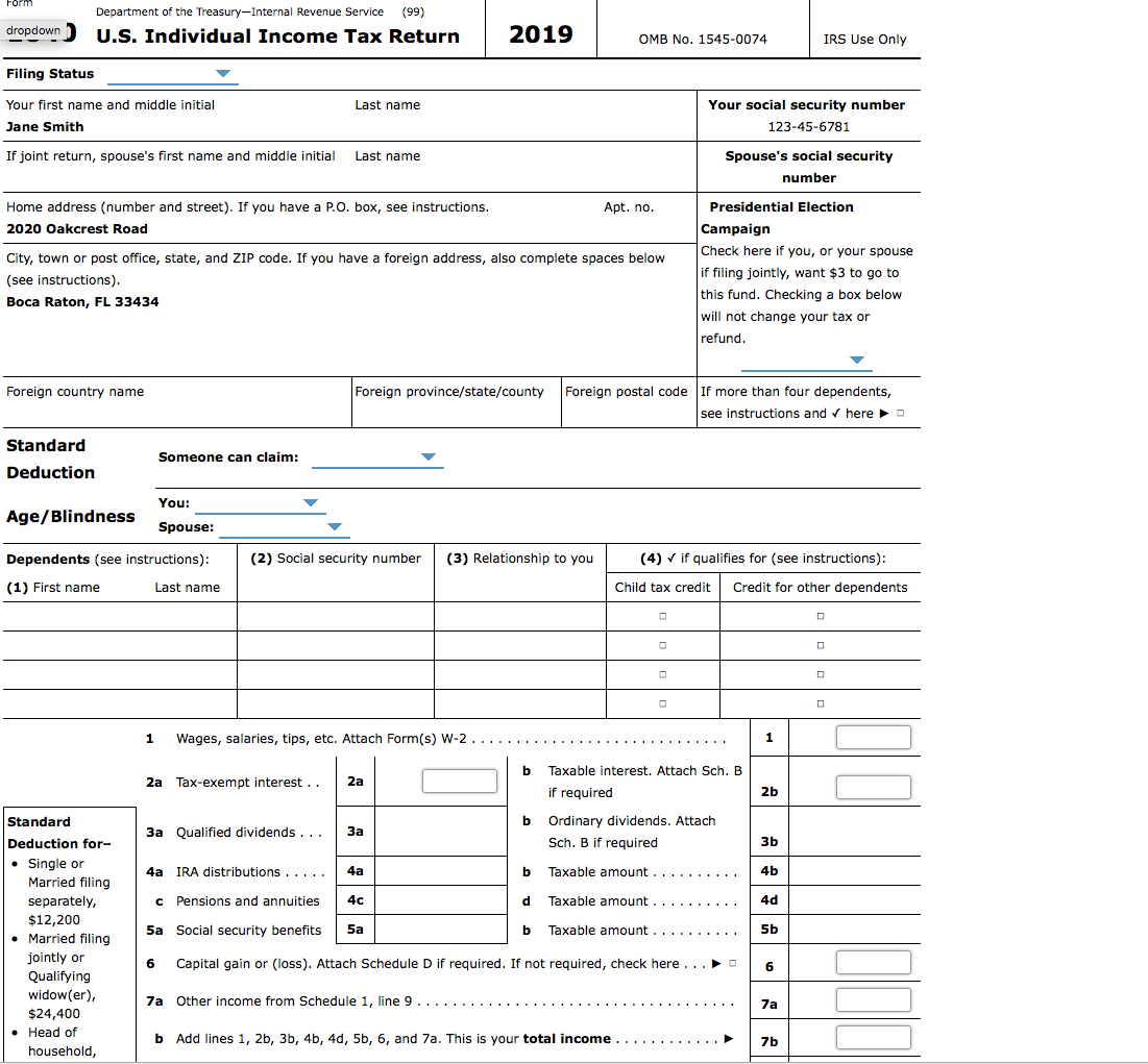 Note: This problem is for the 2019 tax year. Jane Smith, age