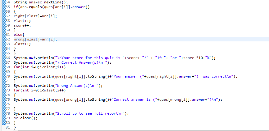 which questions the user got right and wrong and what score they