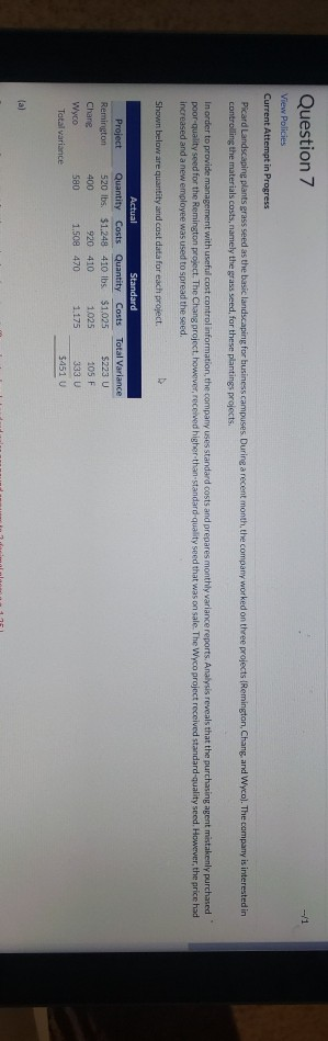 Question 7 View Policies Current Attempt in Progress Picard Landscaping plants