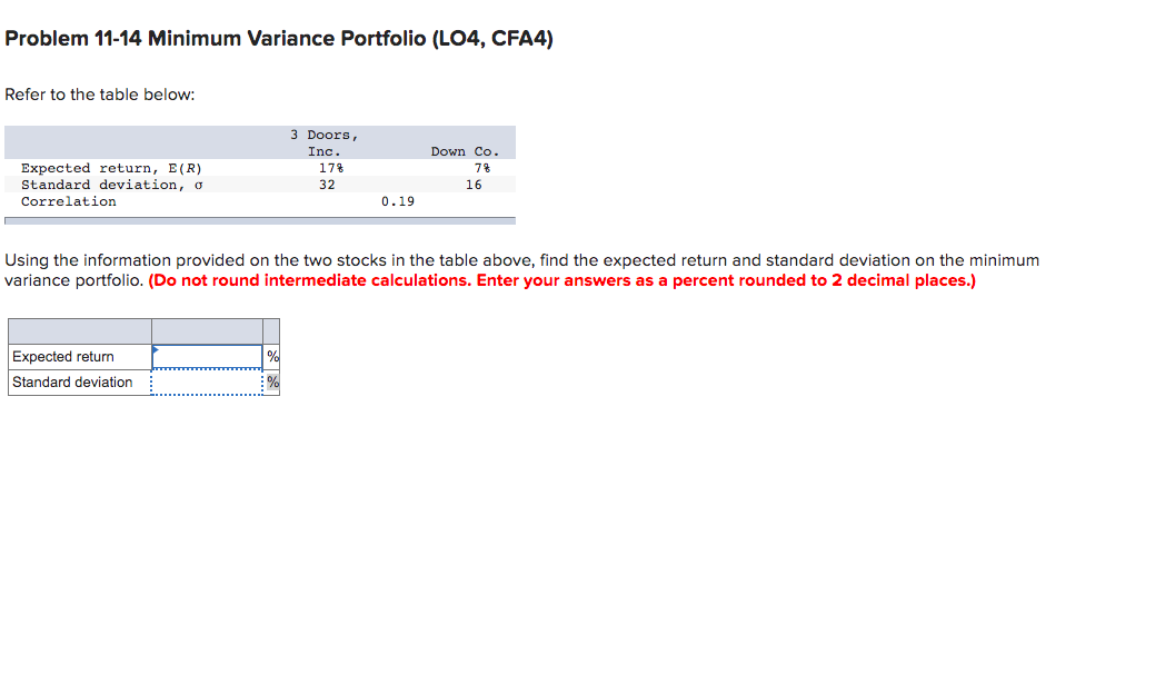  Problem 11-14 Minimum Variance Portfolio (LO4, CFA4) Refer to the table