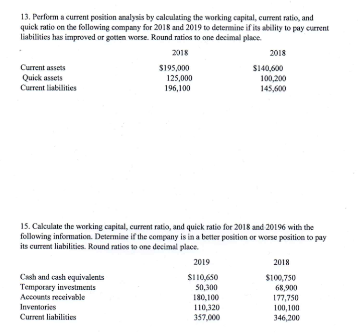Please show work 13. Perform a current position analysis by calculating