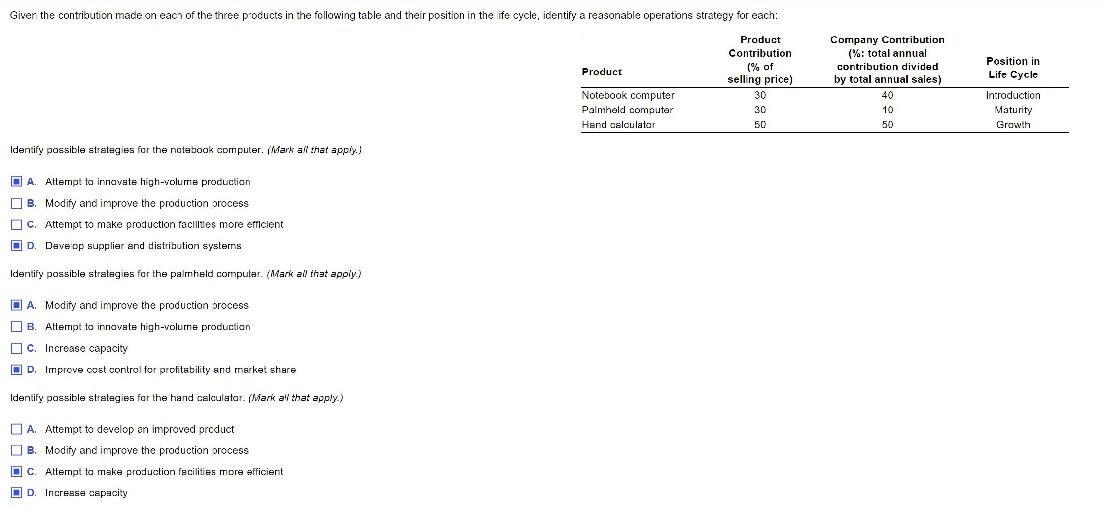 Identify possible strategies for the notebook computer. (Mark all that apply.)